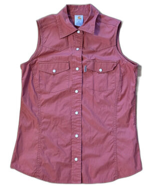 Carhartt For Women Sleeveless Pearl Snaps Shirt Size Medium Pockets Coral Orange